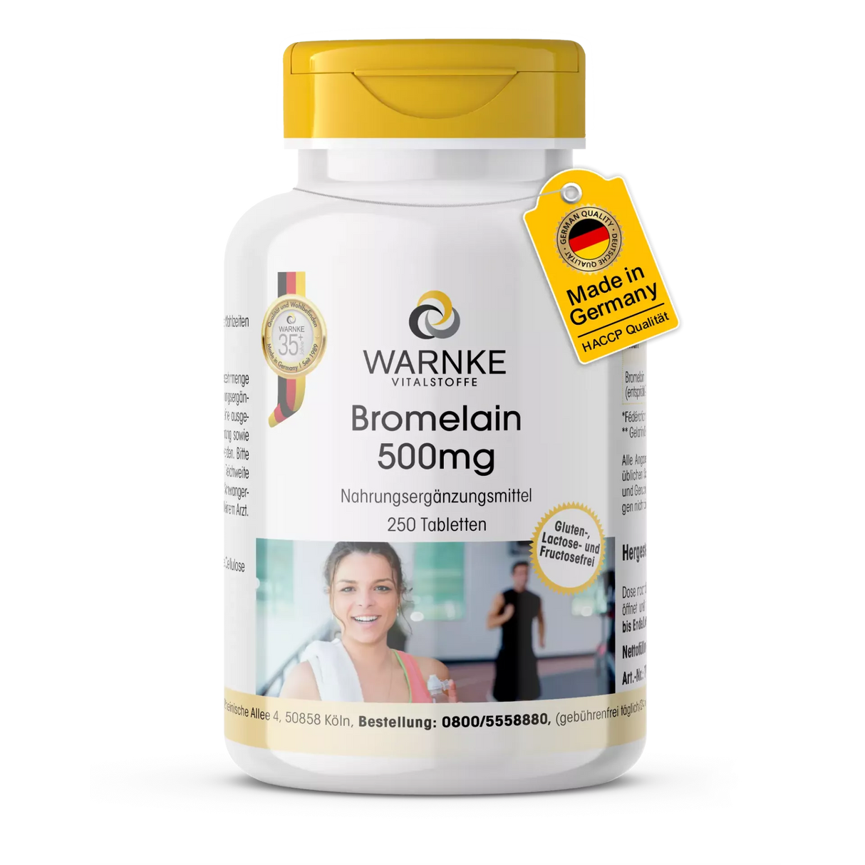 Bromelain 500 mg kosttilskudd, 250 tabletter, vegansk med hvit flaske og gult lokk, tydelig etikett med produktinformasjon.