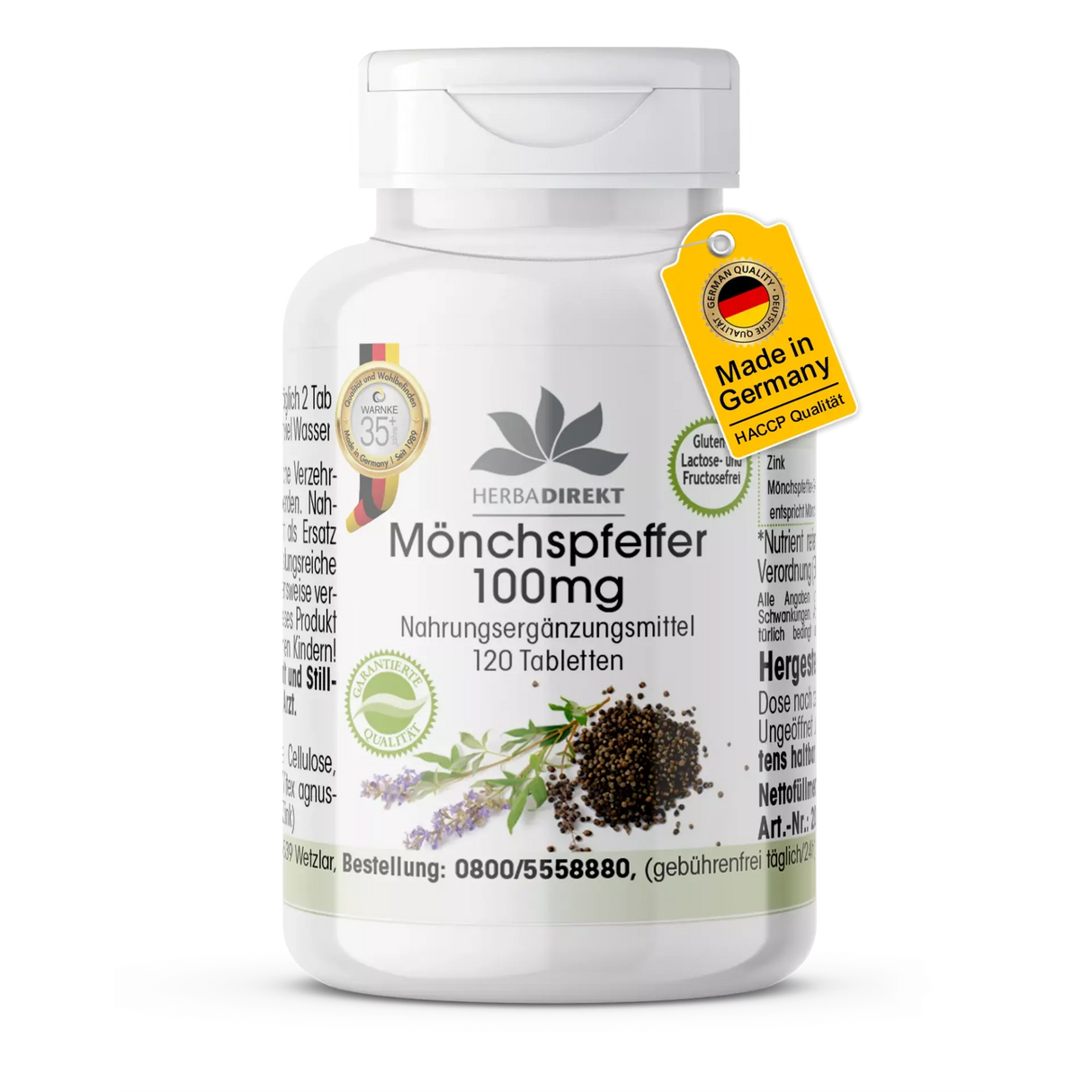 Munkpepper 100 mg kosttilskudd i hvit beholder med grønn etikett, inneholder 120 lettsvelgelige tabletter.
