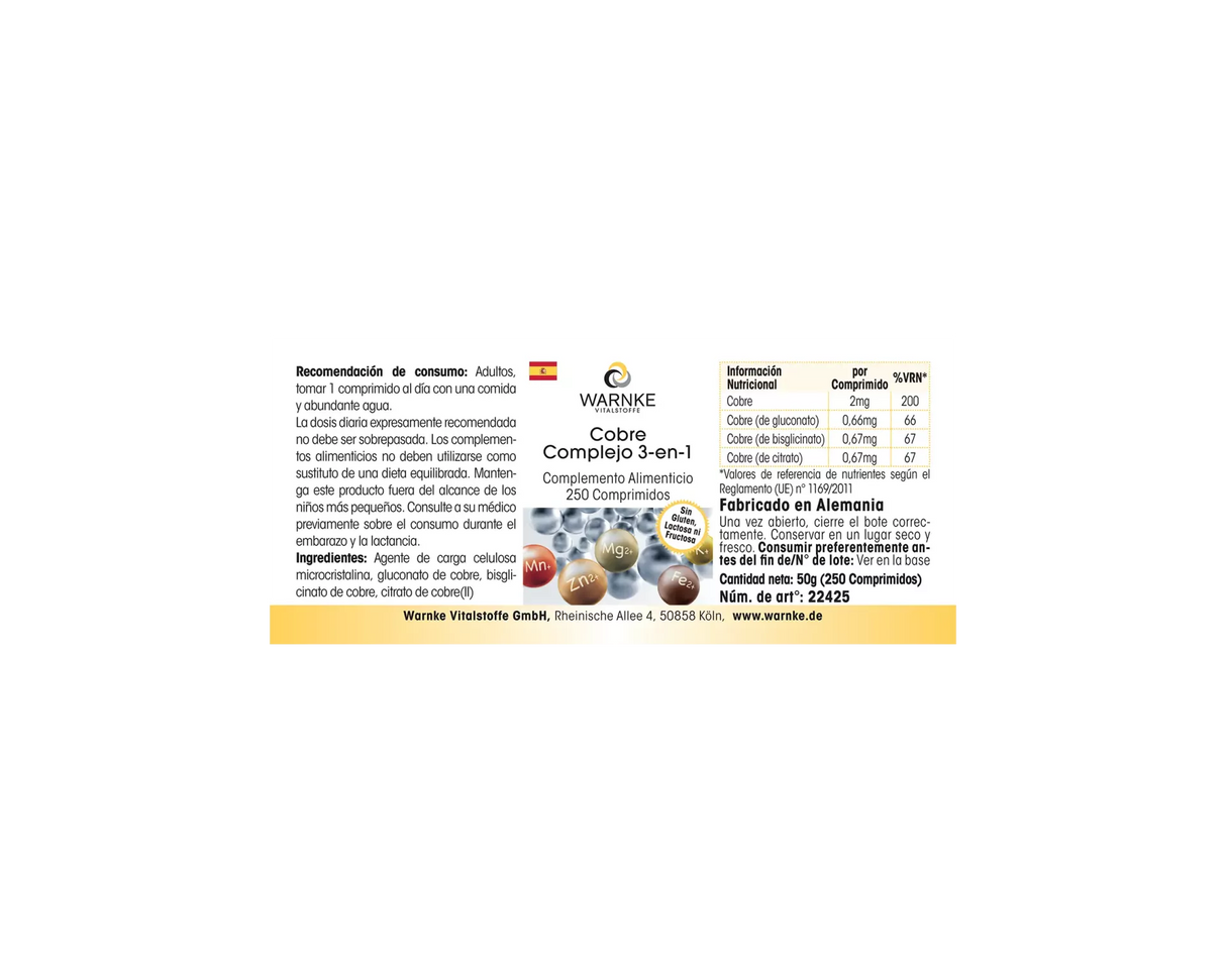 Kobber 3-kompleks tabletter med tre kobberformer; grå og beige emballasje, 250 tabletter, vegansk kosttilskudd.
