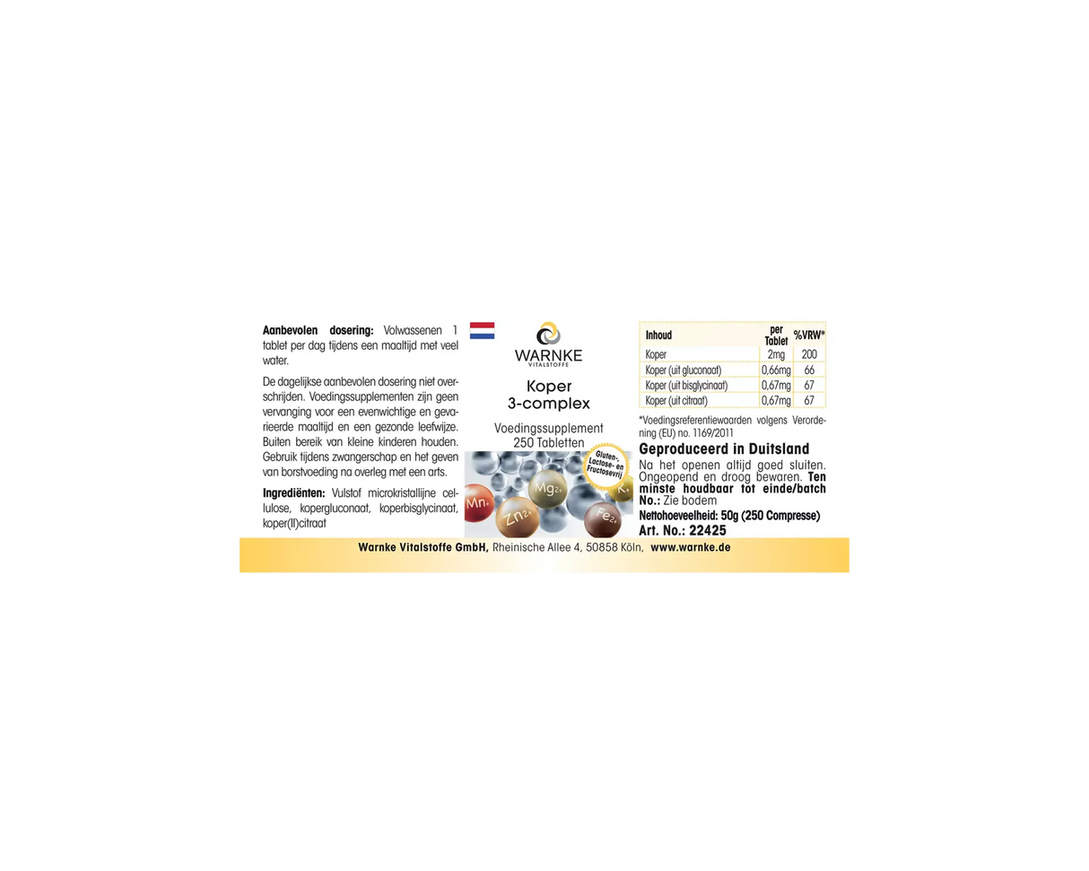 Kobber 3-kompleks tabletter i en pakke med 250. Tablettene har tre kobberformer og er veganske, uten tilsetningsstoffer.