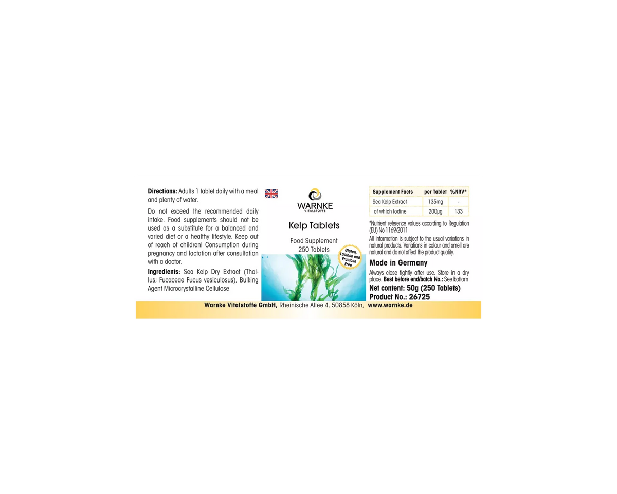 Kelp-tabletter, 250 tabletter, med grønn algeekstrakt og hvit bakgrunn, tydelig tekst med informasjonsdetaljer.