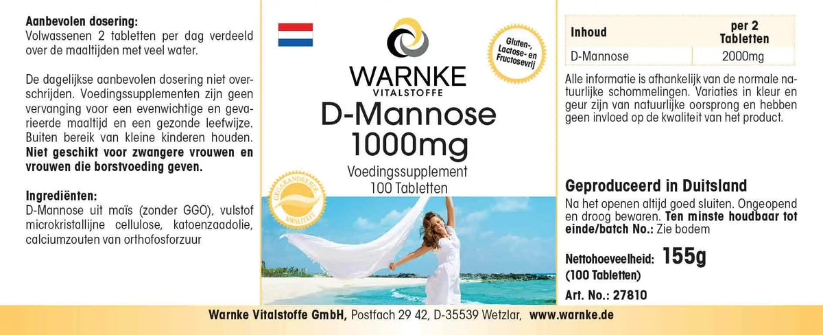 D-Mannose 1000 mg tabletter i en boks med 100 tabletter, i lys design med detaljer om ingredienser og anbefalt bruk.