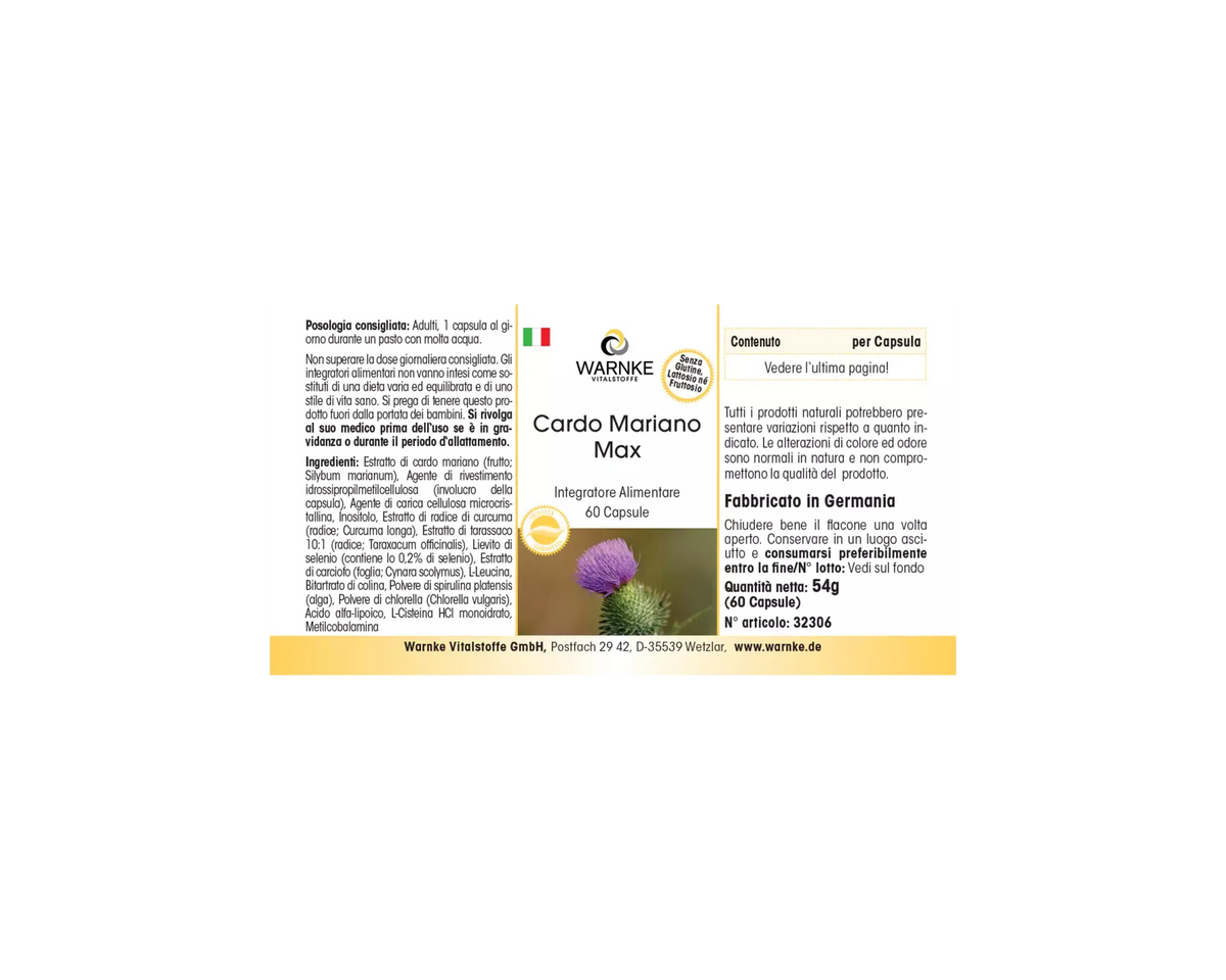 Mariendistel Max kapsler, veganske, med et grønt og lilla etikettdesign, står oppstilt på en hvit bakgrunn. Innhold: 60 kapsler.