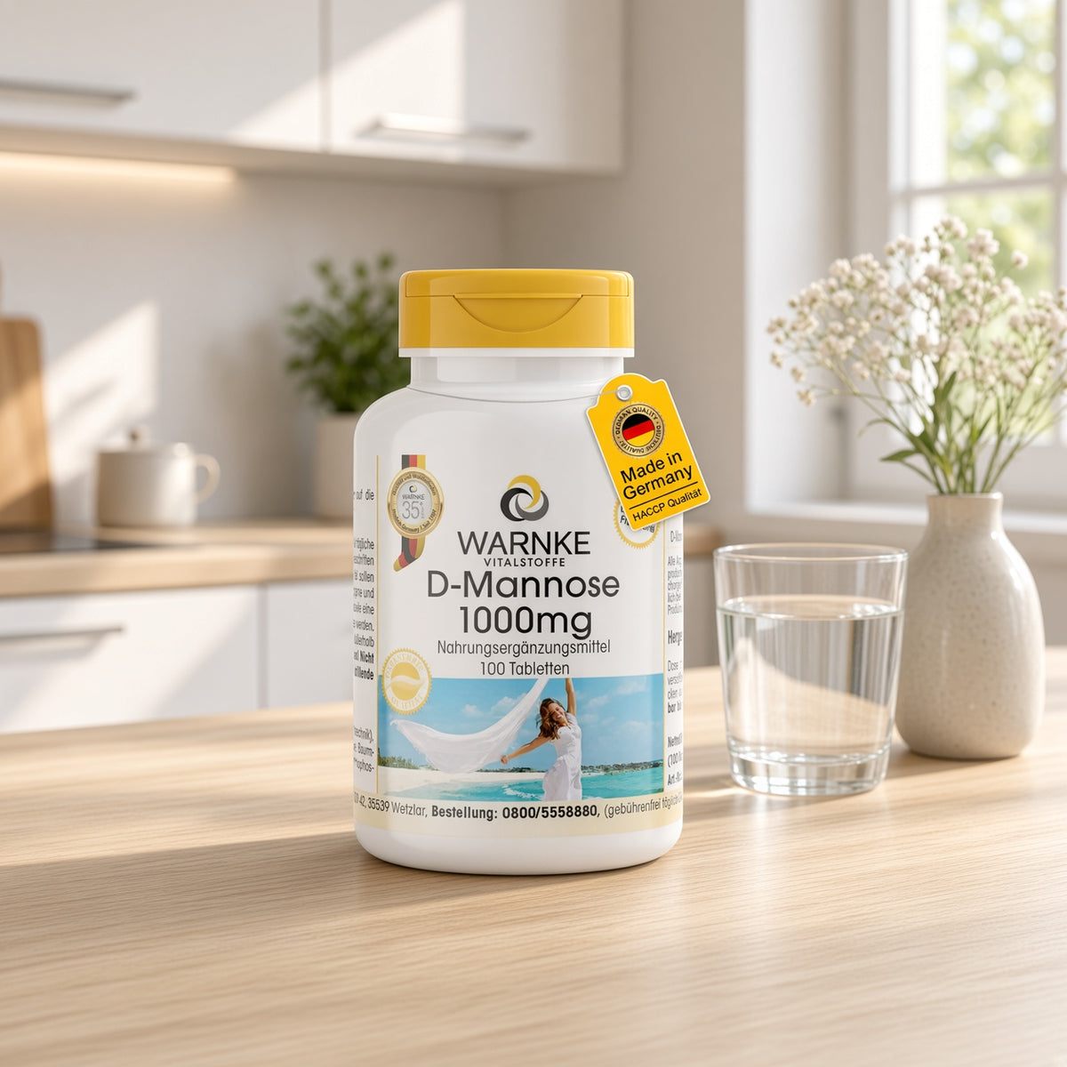 D-Mannose 1000 mg tabletter i hvit flaske med gult lokk, plassert på et lyst bord ved siden av et glass vann.