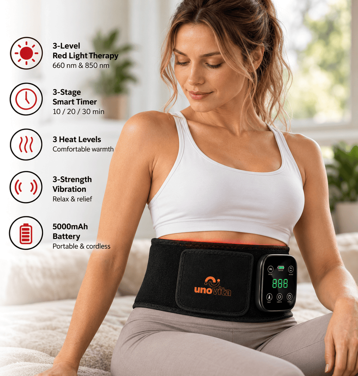 Uno Vita RB105 red light therapy belt for lower back and abdominal use