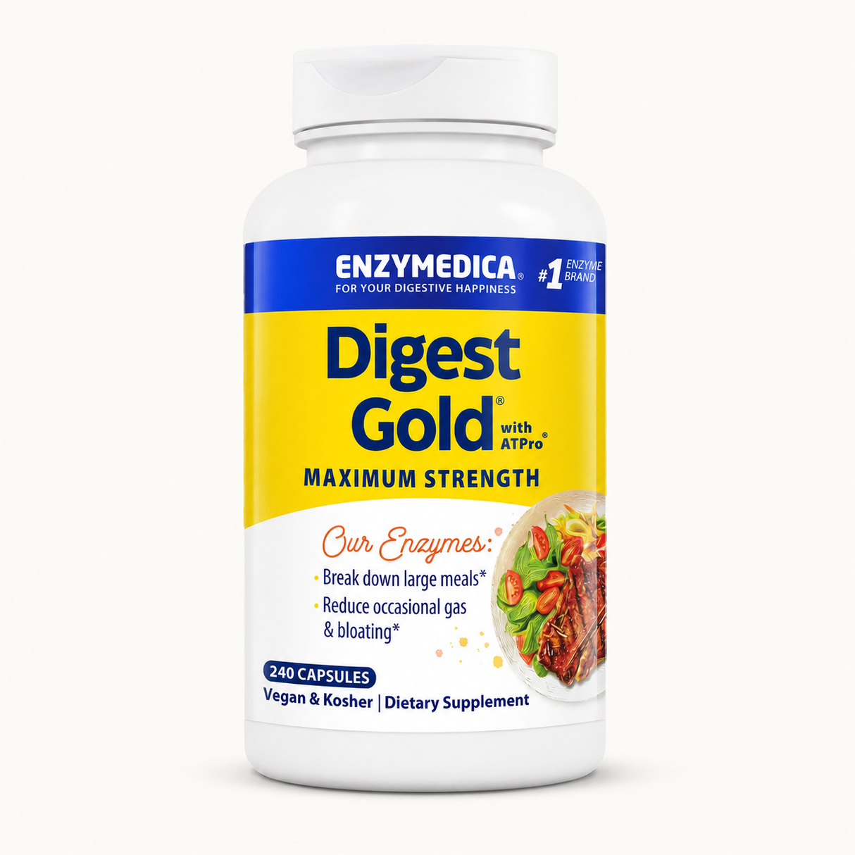 Digest Gold® med ATPro® i hvit flaske med gul og blå etikett, inneholder 240 vegetabilske kapsler.
