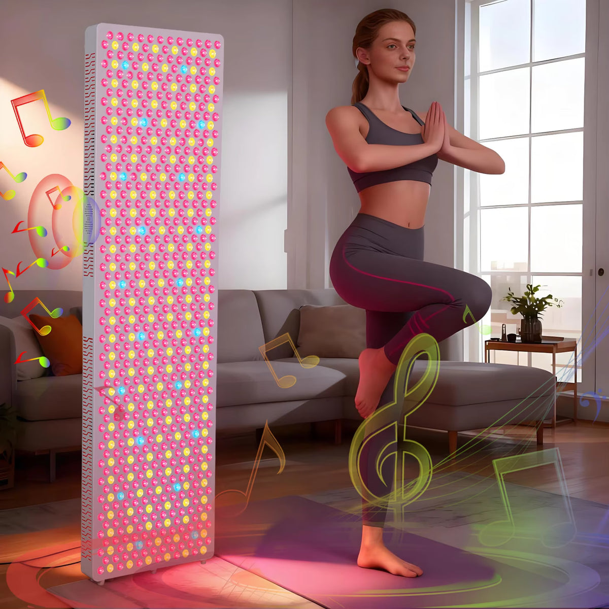 Stort rødlyspanel med 720 LED-lamper, presentert ved en kvinne som står i en yoga-pose, i et lyst rom.
