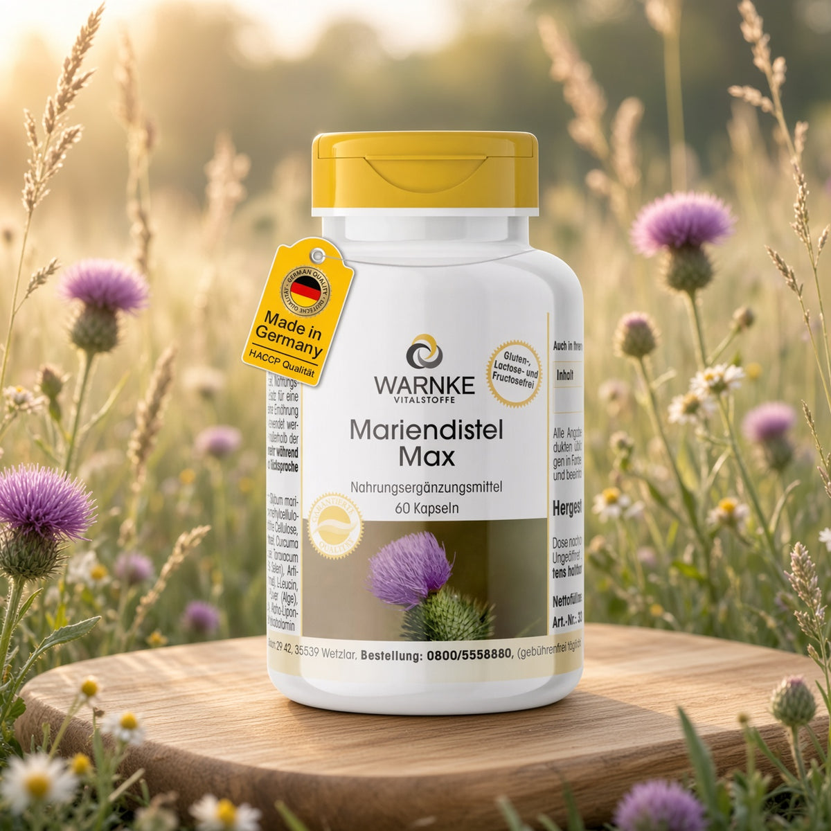 Mariendistel Max beholder med hvit body og gul skrukork, plassert på treflate med lilla blomster i bakgrunnen.
