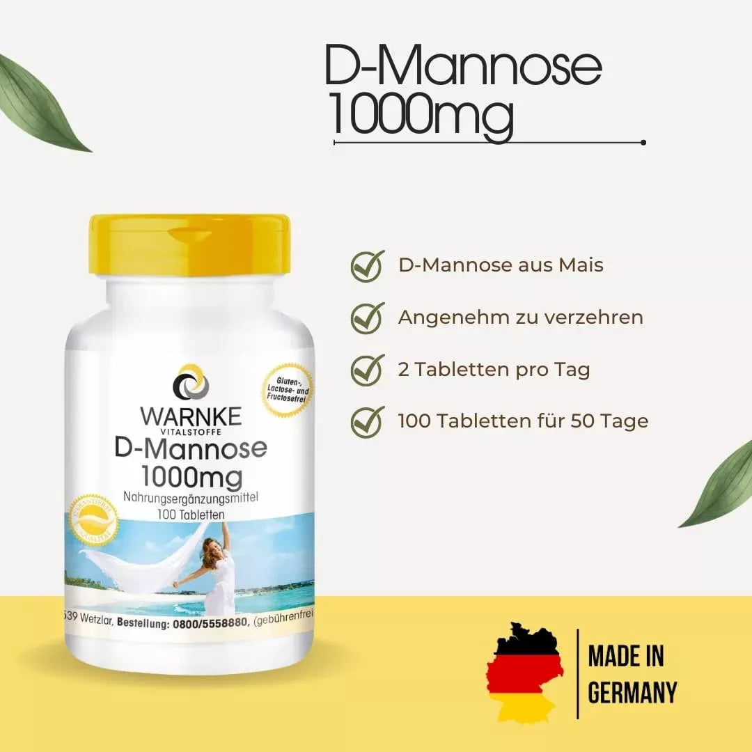 D-Mannose 1000 mg tablettflaske med lys gult lokk. Inneholder 100 veganske tabletter.