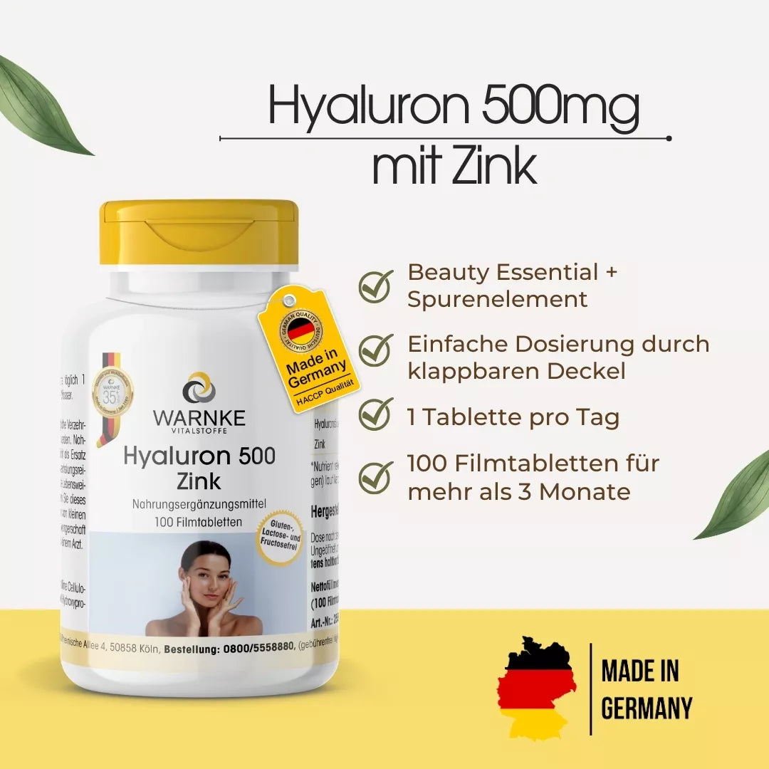 Hyaluron 500 mg med sink i en hvit flaske med gult lokk, 100 filmdrasjerte tabletter.