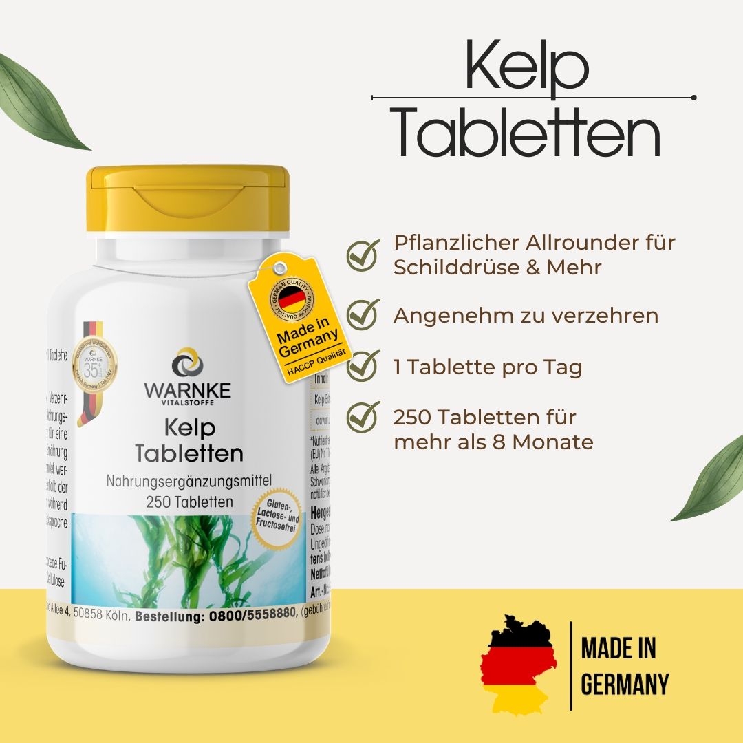 Kelp-tabletter i en hvit beholder med gult lokk, etikett viser grønne blader og informasjon om 250 tabletter.