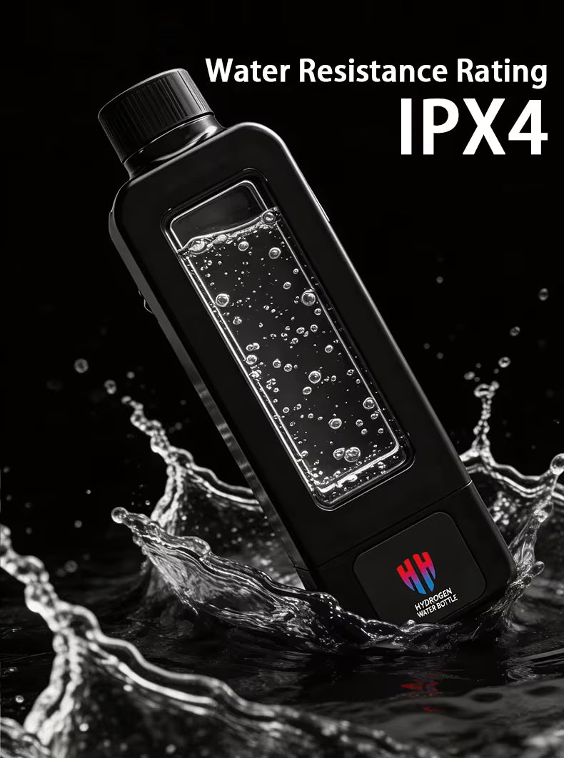 Svart hydrogenflaske med transparent vindu, bobler av hydrogen og IPX4 vanntetthet, designet for daglig bruk.
