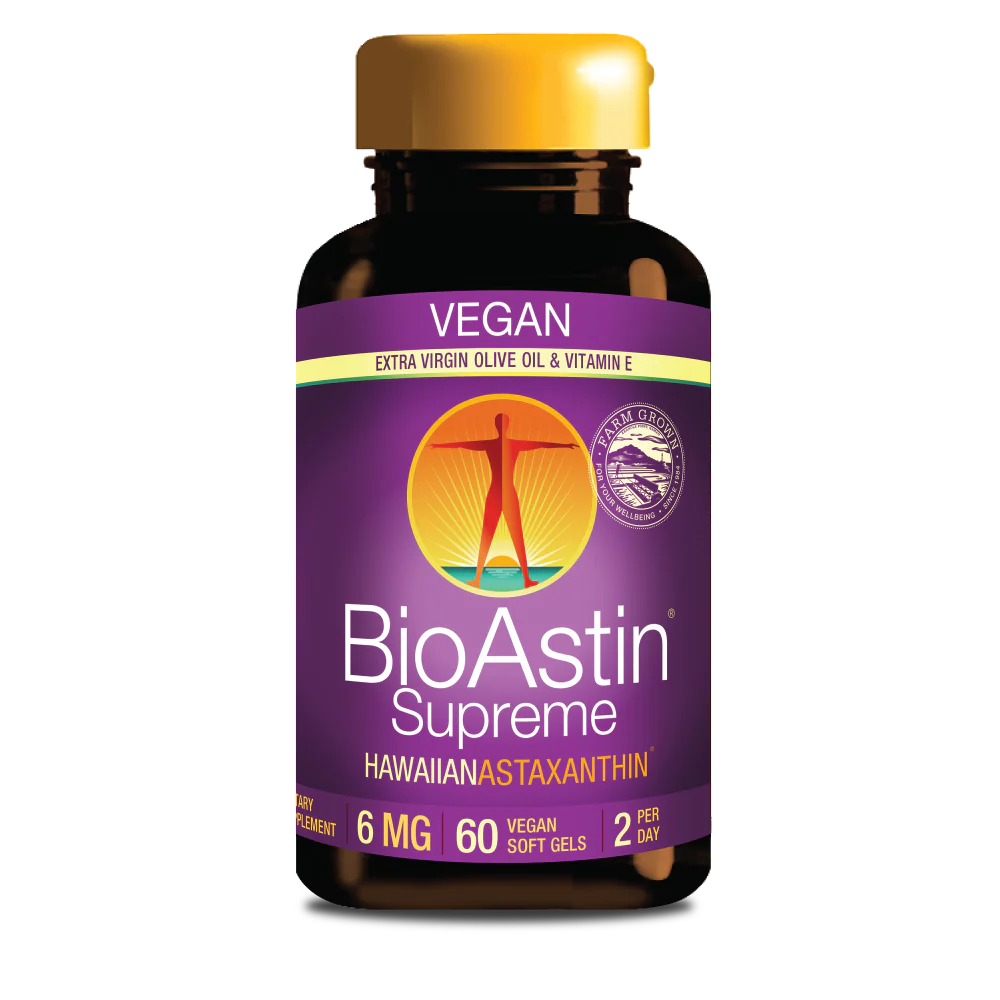 BioAstin Supreme kosttilskudd med 6 mg astaxantin i en svart flaske, vegansk og glutenfri, inneholder 60 softgels.