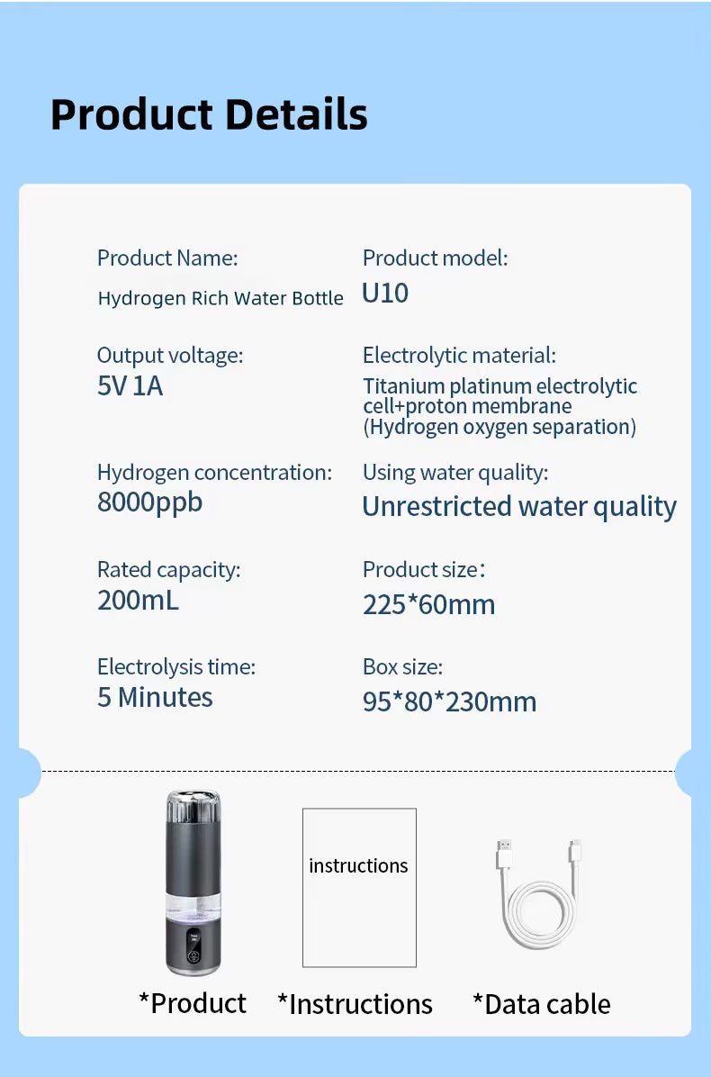 Svart hydrogenvannflaske med gjennomsiktig sylinder og USB-C-lading, rommer 200 ml, designet for bærbar bruk.