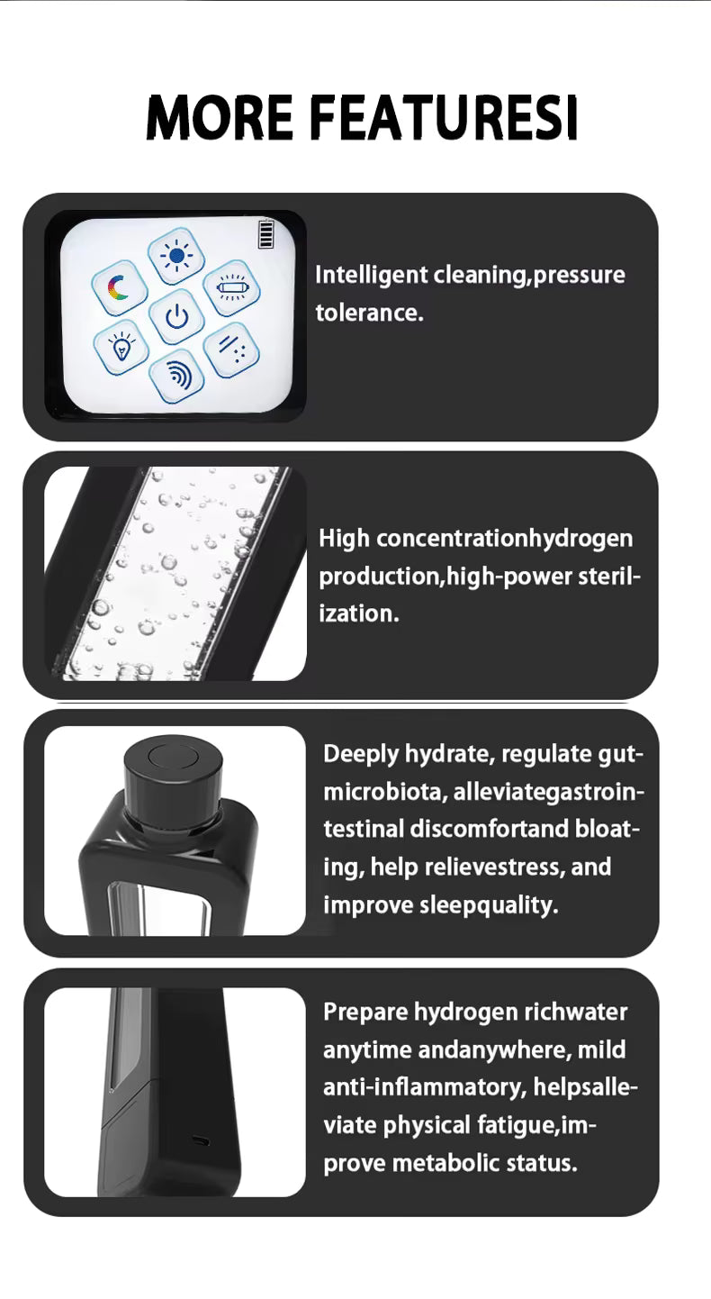 Smart hydrogenvannflaske i svart, 350 ml med transparent vindu, knapper for ulike funksjoner og hydrogenbobleproduksjon.