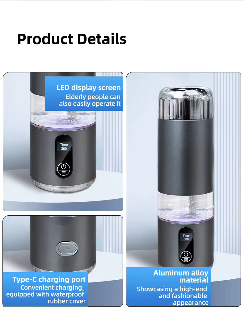 Kompakt hydrogenvannflaske i aluminiumlegering med LED-skjerm og USB-C lading, rommer 200 ml.