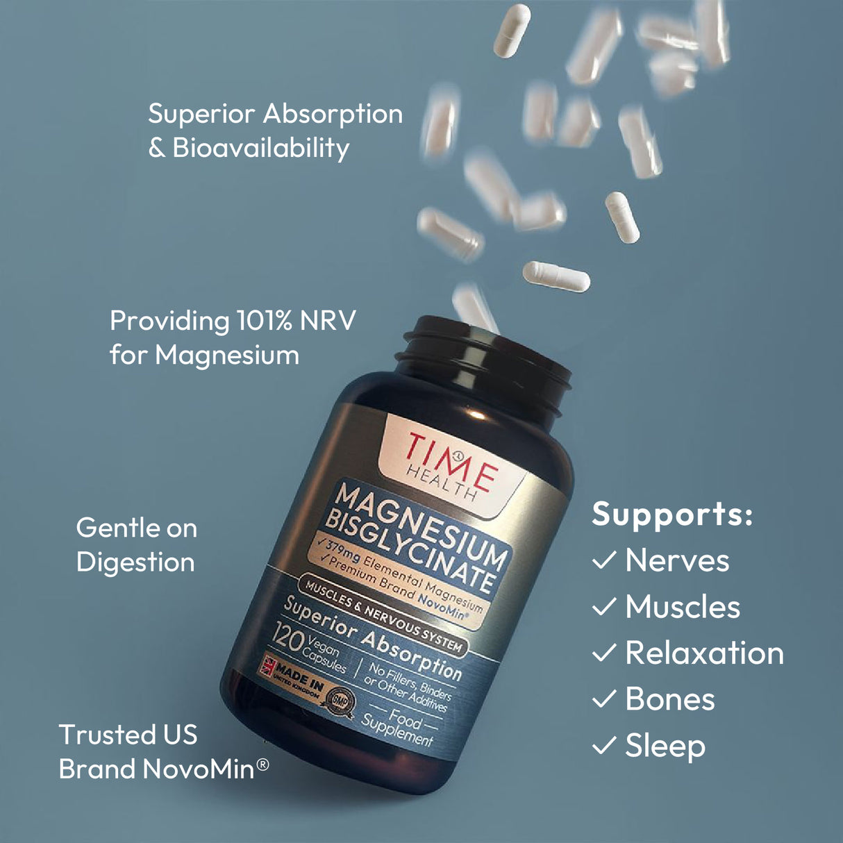Magnesium Bisglycinate –  Superior Absorption NovoMin – 120 Capsules