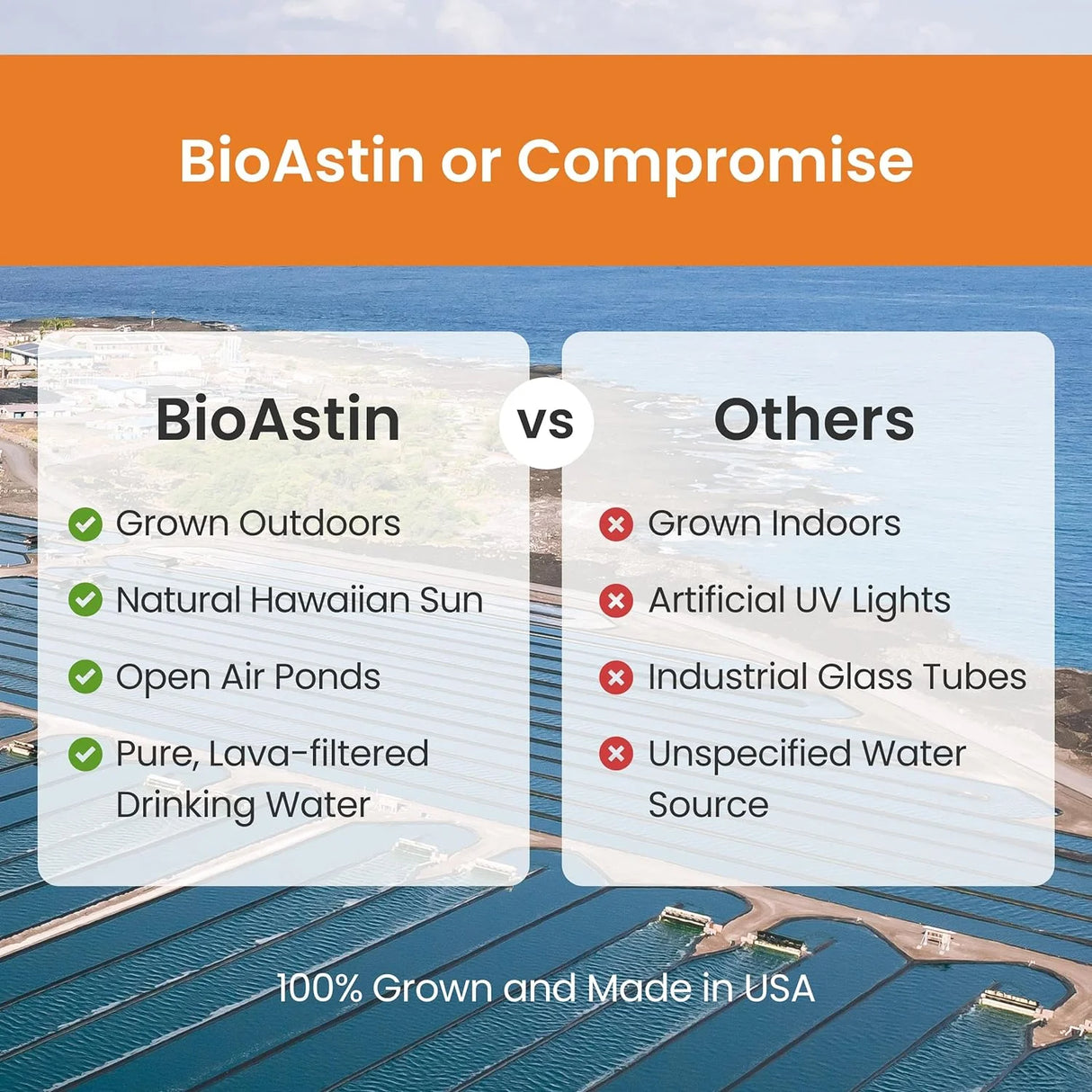 BioAstin Supreme astaxantin, veganske softgels, dyrket utendørs i Hawaii, med klart vann og naturlig sollys.