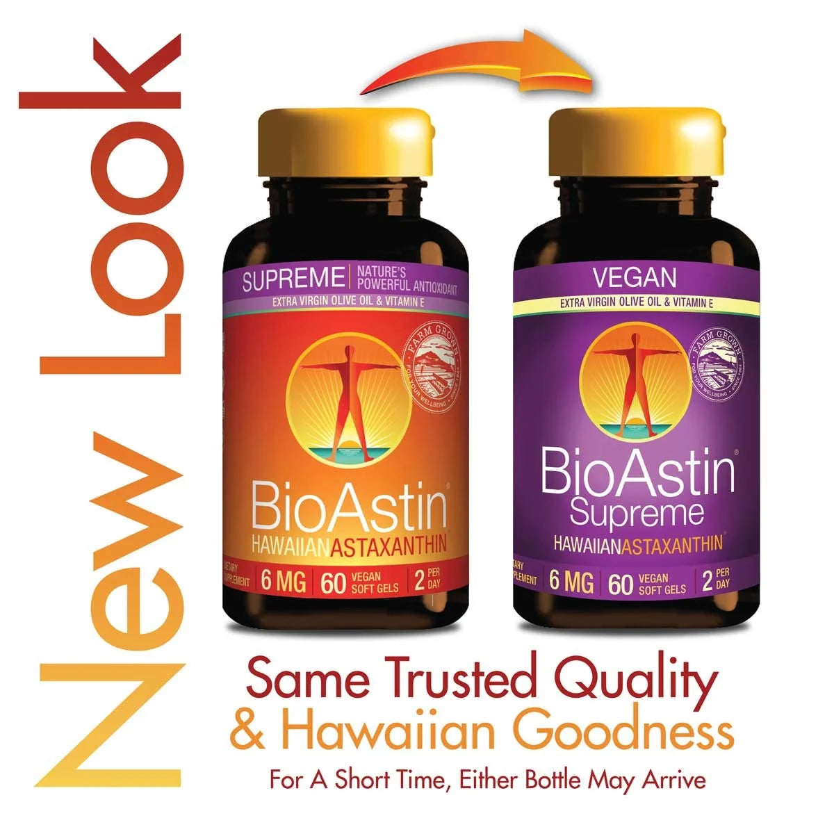 BioAstin Supreme Astaxanthin, to flasker med 60 veganske softgeler, oransje og lilla etikett med detaljer om ingredienser.