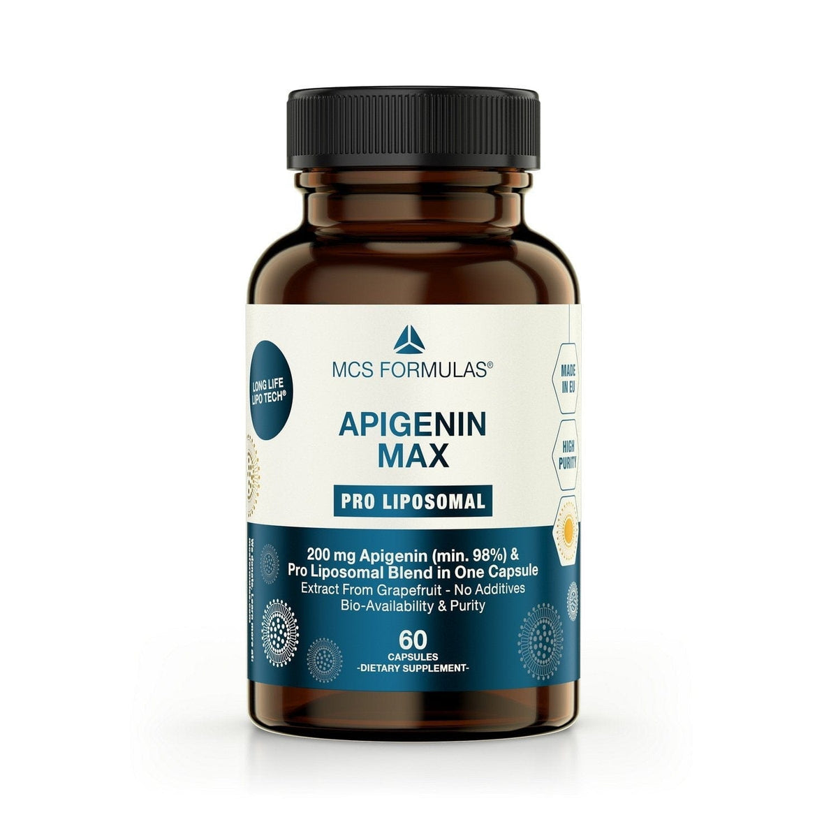Apigenin Max Pro Liposomal kapsler med 200 mg apigenin, 98 % renhet og liposomal LongLifeLipoTech-formel