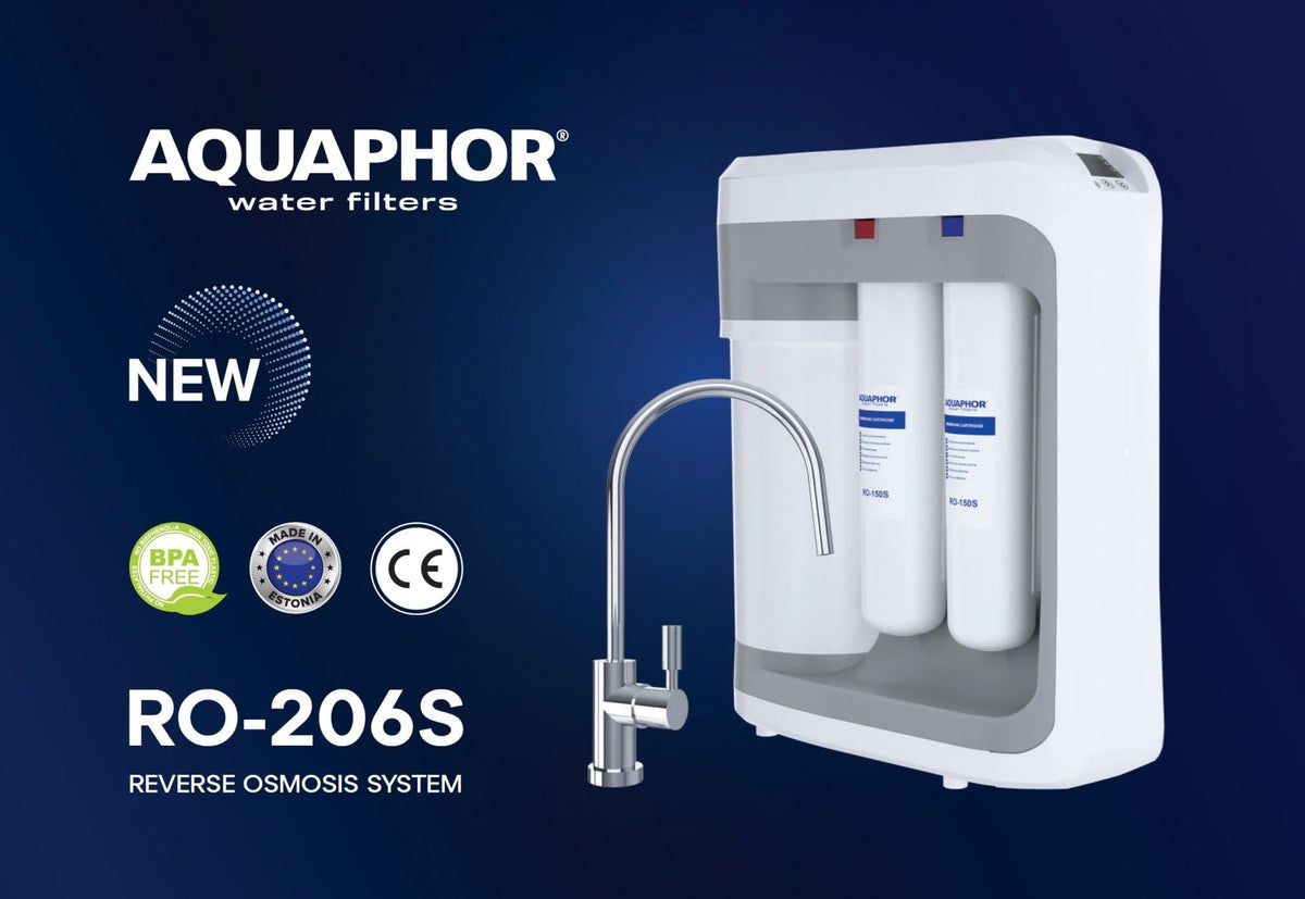 Aquaphor RO-206S kompakt RO-vannfilter med 5 liters tank, LCD-panel og innebygd trykkpumpe for hjem og HoReCa