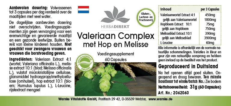Valerian Complex med humle og sitronmelisse, 60 veganske kapsler i en praktisk emballasje.