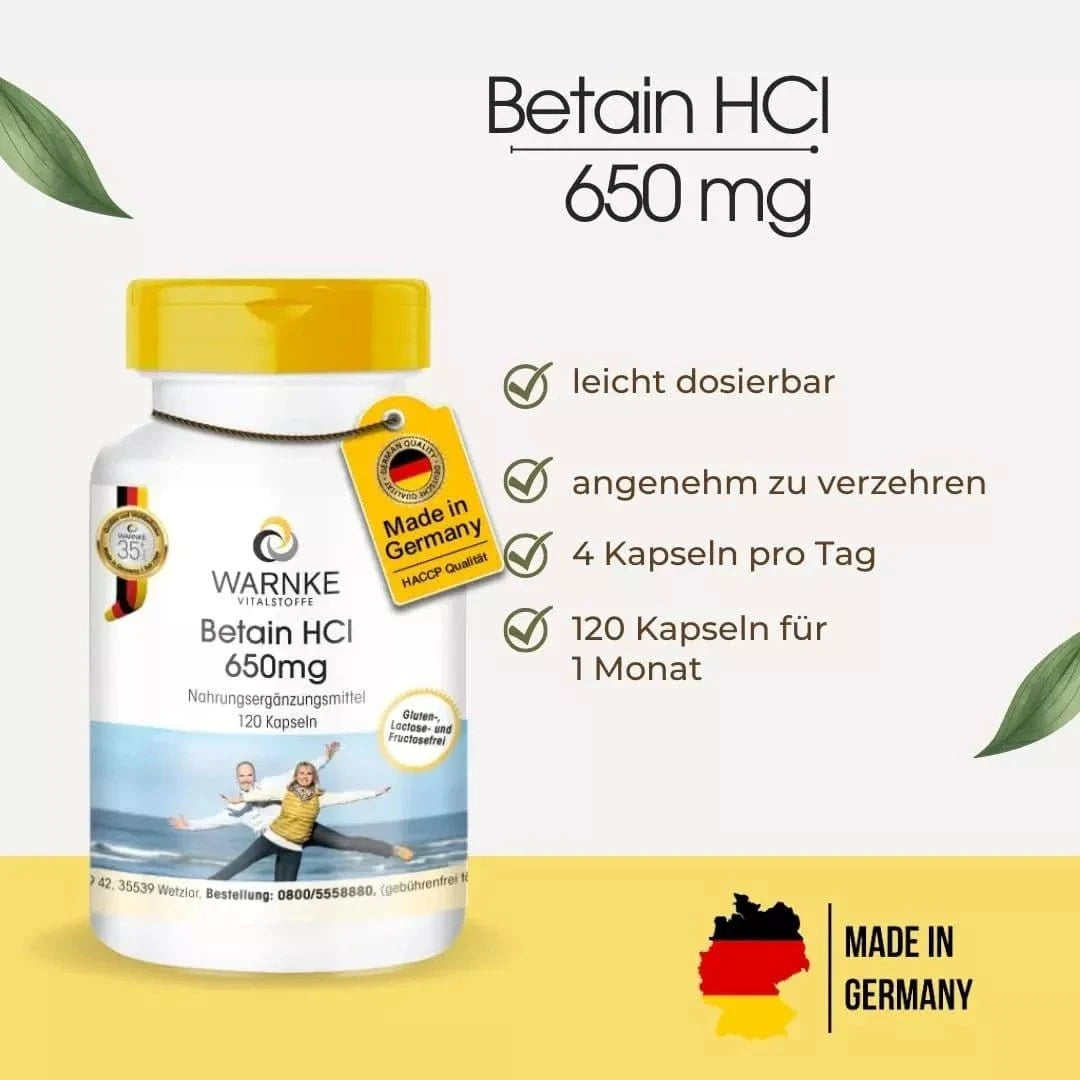 Vegansk beholder med 120 kapsler Betain HCl 650 mg, hvit og gul etikett, praktisk vippelokk.