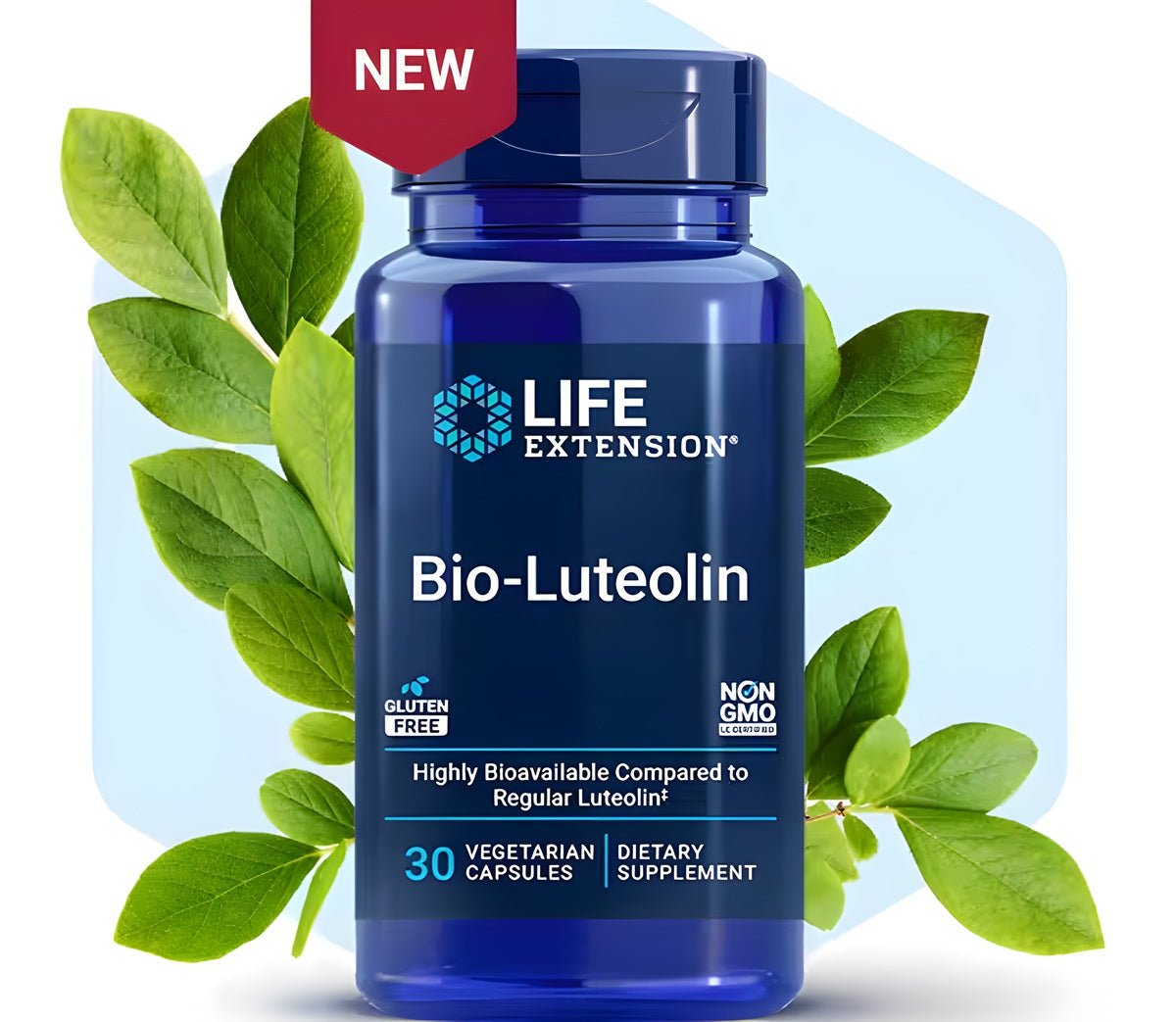 Bio-Luteolin kosttilskudd med 20 mg luteolin per kapsel og 30 vegetabilske kapsler i beholder