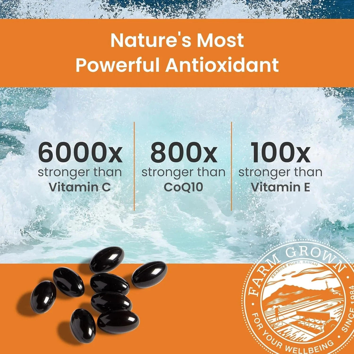 Sorte veganske softgels av astaxantin mot sjøbakgrunn, equaling 6 mg astaxantin per kapsel, 60 kapsler per flaske.