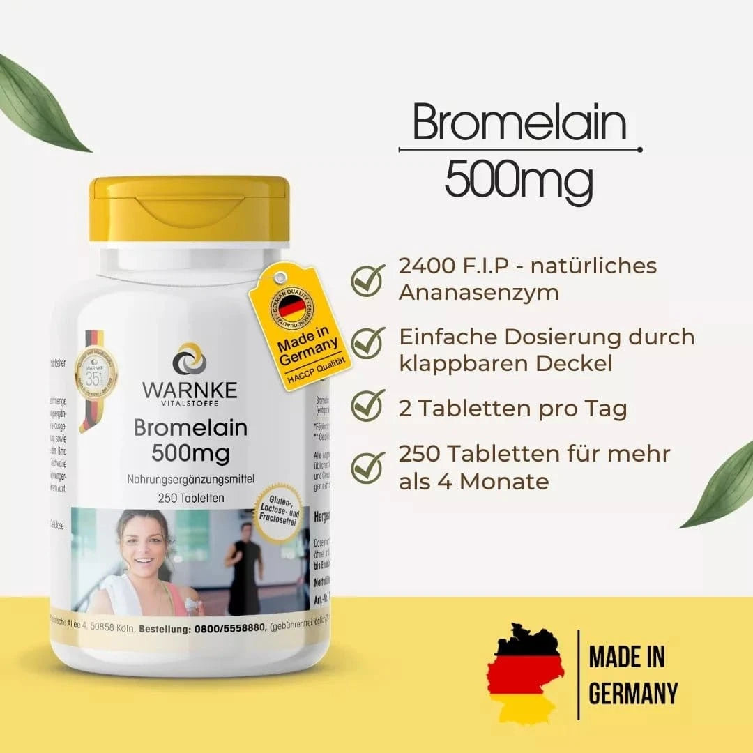 Bromelain 500 mg kosttilskudd med 250 veganske tabletter i en hvit beholder med gult lokk og grønn bakgrunn.