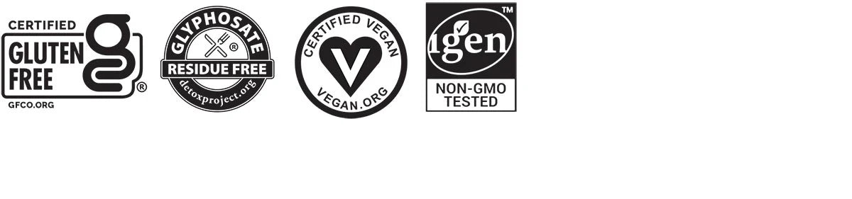 Sertifiseringer for glutenfri, vegansk, ikke-genmodifisert og glyfosatfritt kosttilskudd.