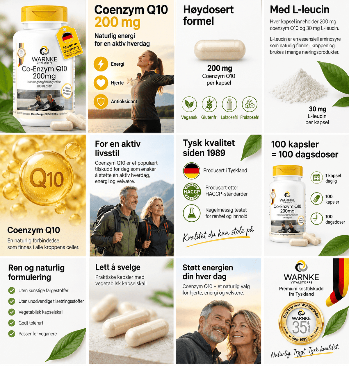 Vegan kapsler med 200 mg koenzym Q10. Kapslene er beige og pakket i en hvit boks med gult lokk.