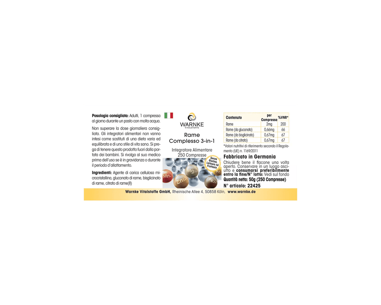 Kobber 3-kompleks tabletter, 250 stk. Hvit, rund tablett med tekst, vegansk, inneholder tre kobberformer.