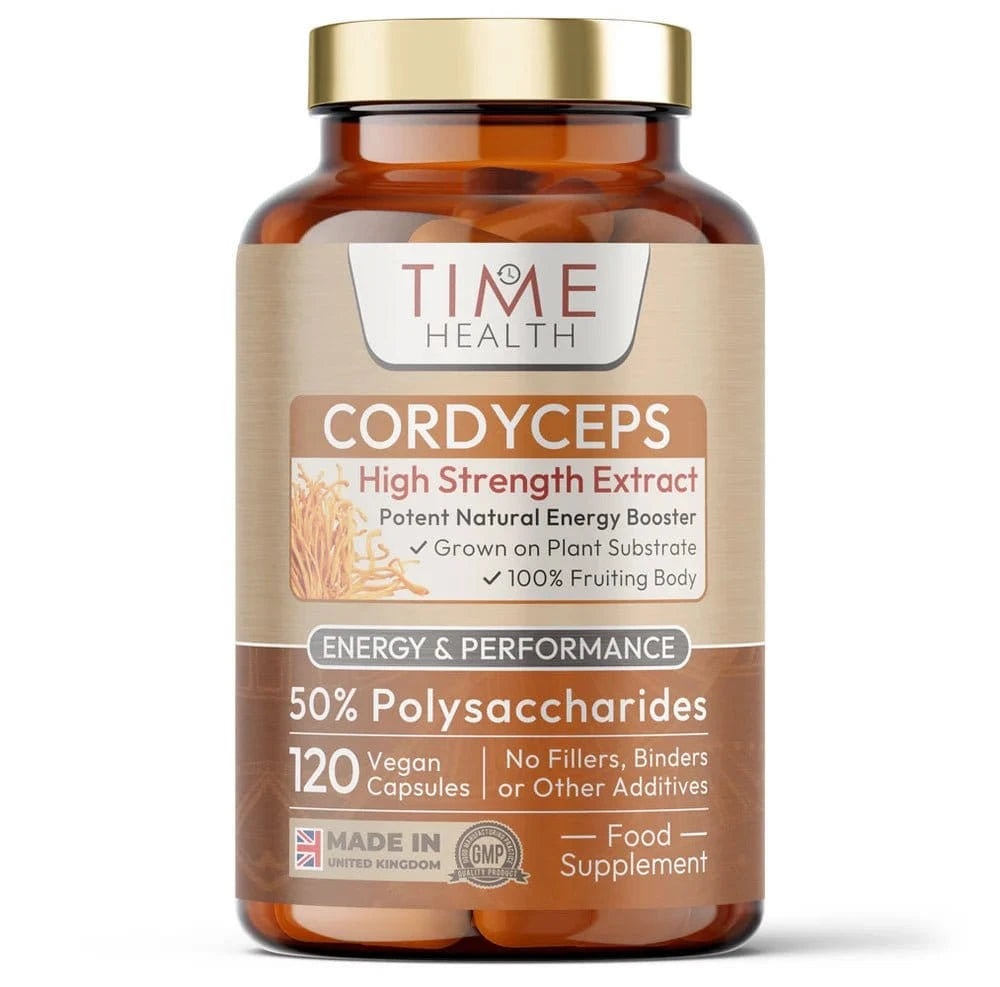 Cordyceps High Strength fra Time Health, 120 veganske kapsler med 50 % polysakkarider og 0,5 % cordycepin