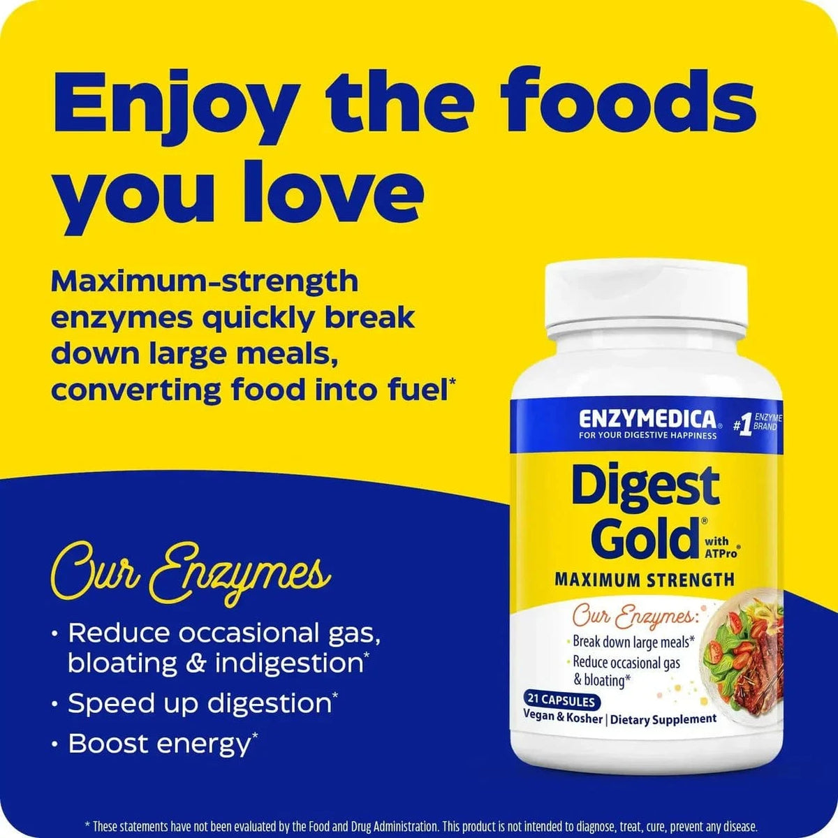 Kapselbeholder med hvit lokk, blå og gul etikett. Inneholder kosttilskudd: Digest Gold® med ATPro®, 240 kapsler.