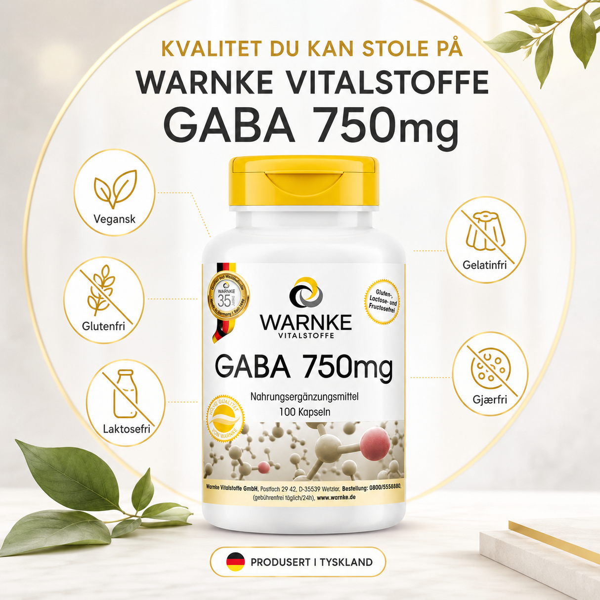 Kapselbeholder med GABA 750 mg, vegansk, 100 kapsler, hvit med gul lokk, designet for enkel åpenhet.