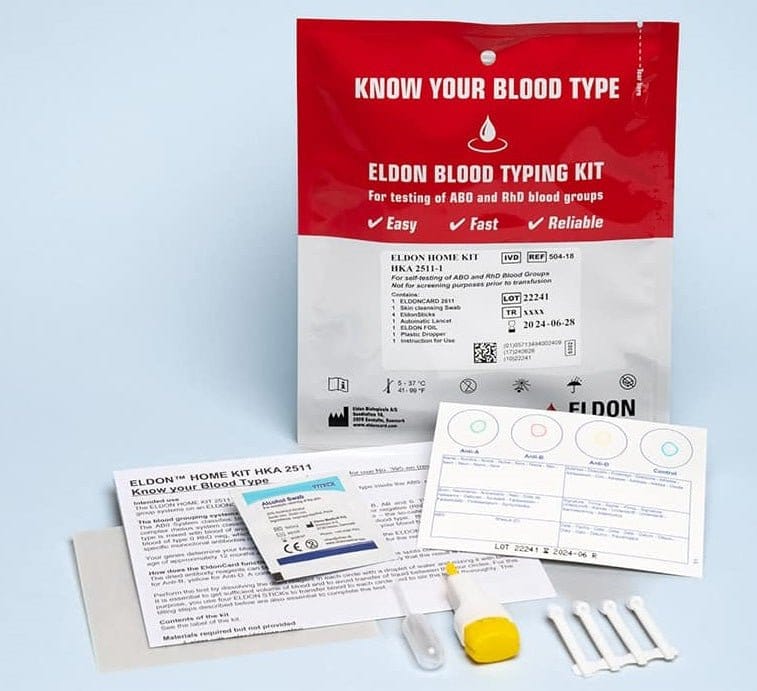 Eldoncard Doctors Kit blodtypetest med 10 sterile ABO- og RhD-tester, kort, lansetter og lamineringsfolie