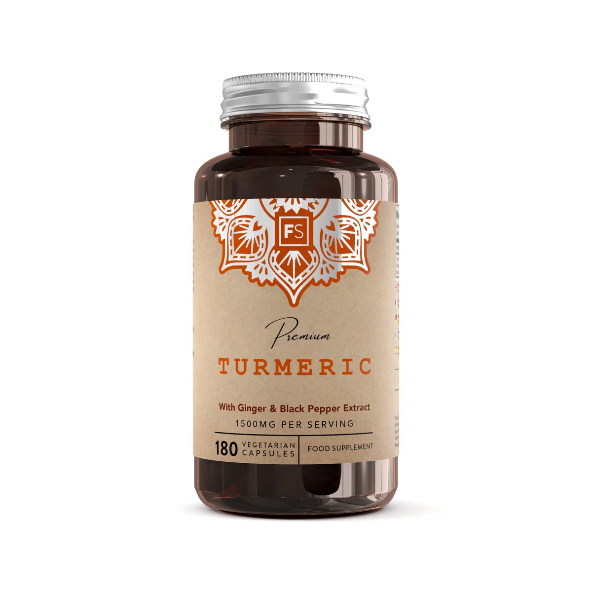 Vegetarisk kapselflaske med 180 kapsler. Etikett med navnet "Premium TURMERIC", kremfarget bakgrunn med oransje detaljer.