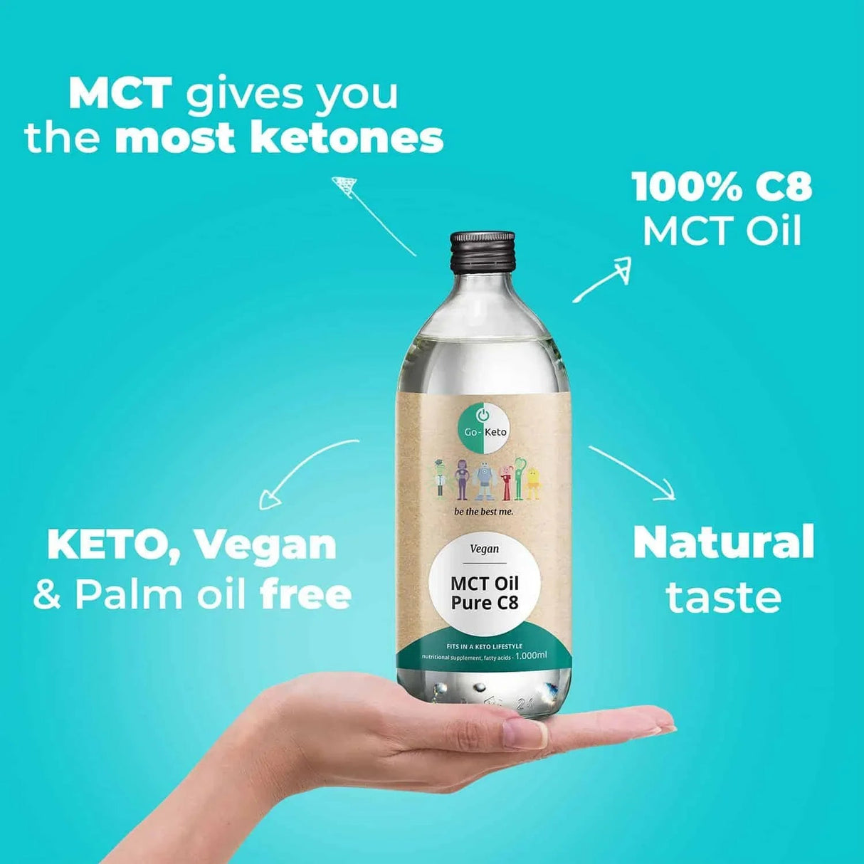 Go-Keto MCT Oil Pure C8 i en gjennomsiktig PET-flaske, 1000 ml, med nøytral smak og vegansk.