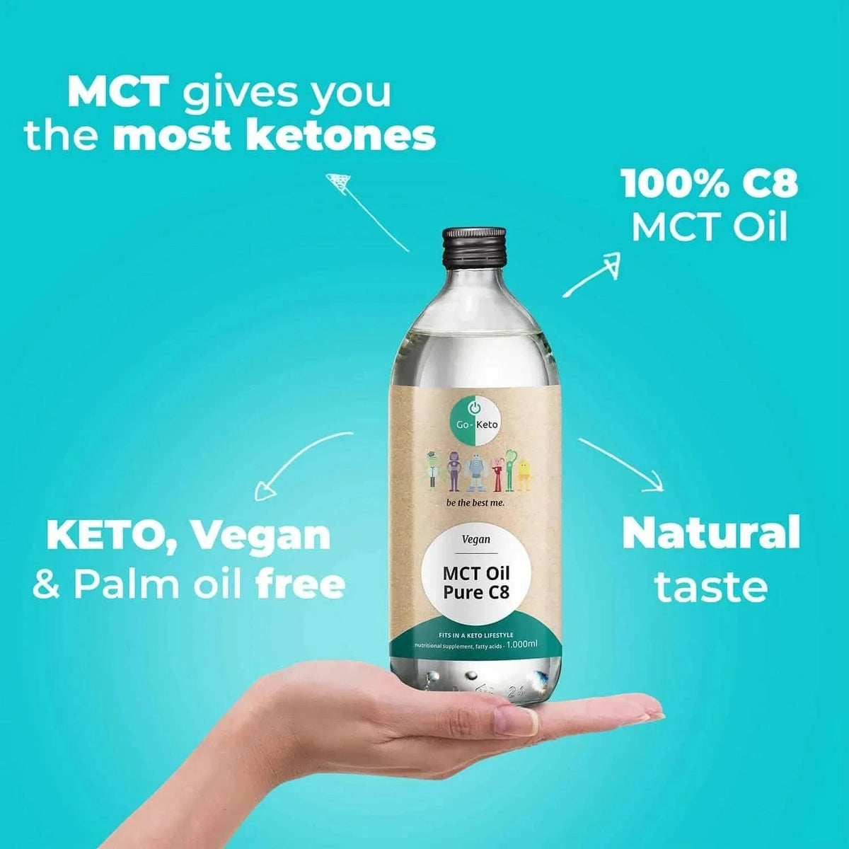 Go-Keto MCT Oil Pure C8 i en gjennomsiktig PET-flaske, 1000 ml, med nøytral smak og vegansk.