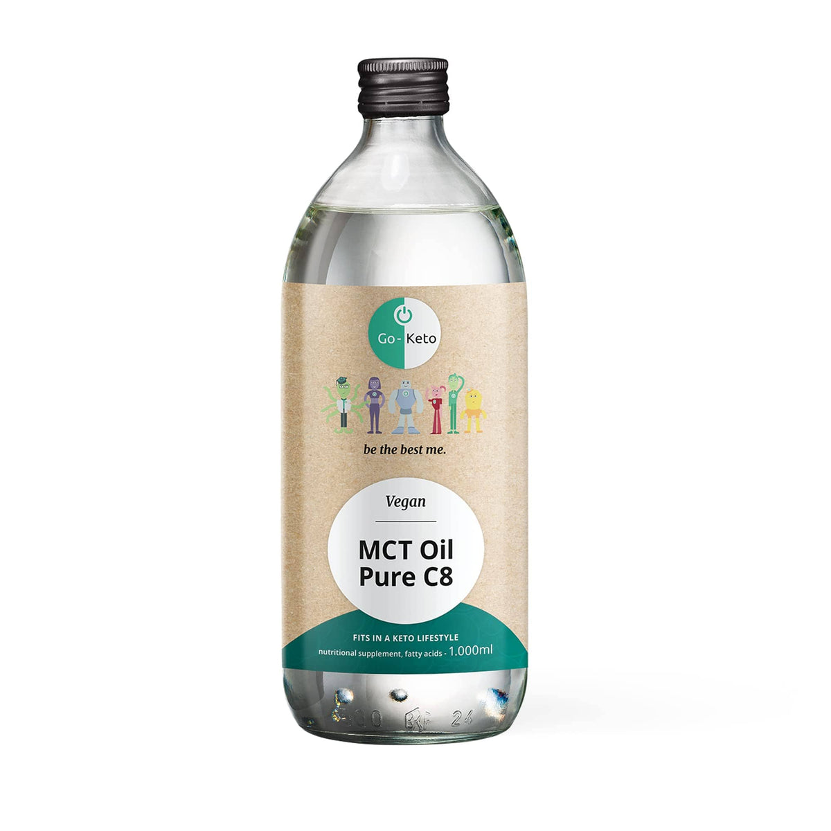 Transparent PET-flaske med beige etikett, 1000 ml ren C8 MCT-olje fra kokos, vegansk og palmeoljefri.
