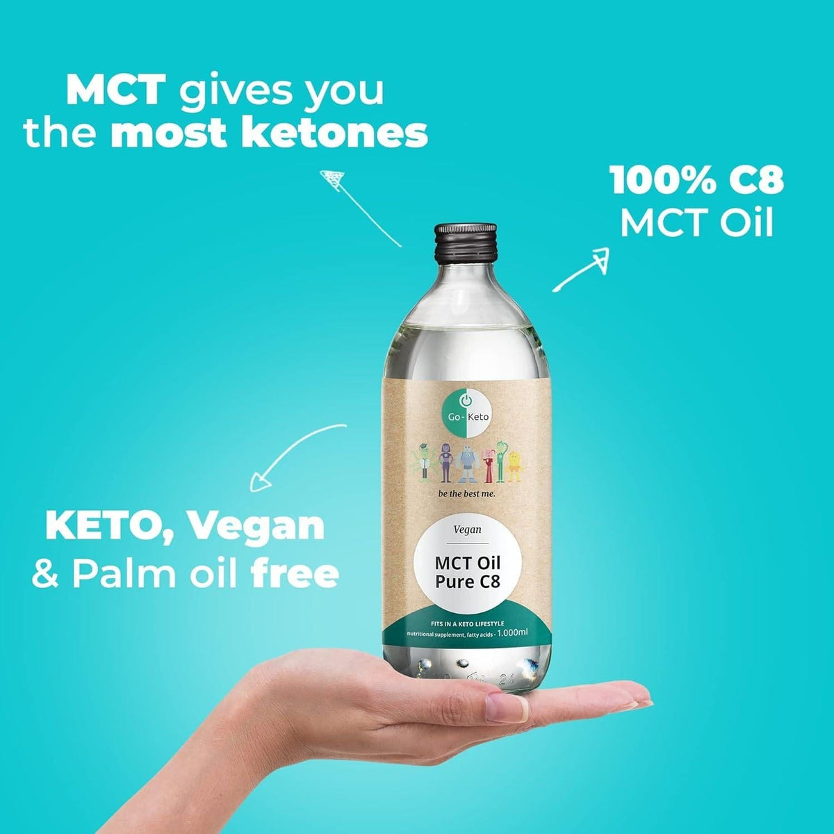 Go-Keto MCT Oil Pure C8 i en gjennomsiktig PET-flaske som holdes i hånden. Flaskevolum: 1000 ml.