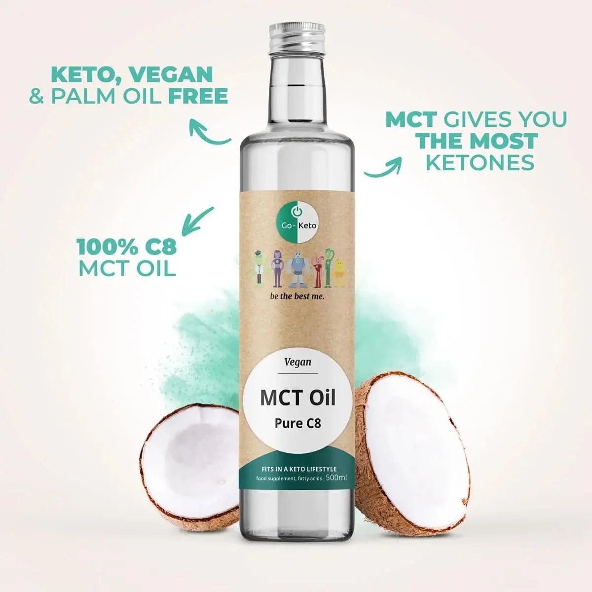 GoKeto C8 MCT olje i glassflaske, 500 ml, med kokosnøtt og etikett med info om vegansk og palmolje-fri.