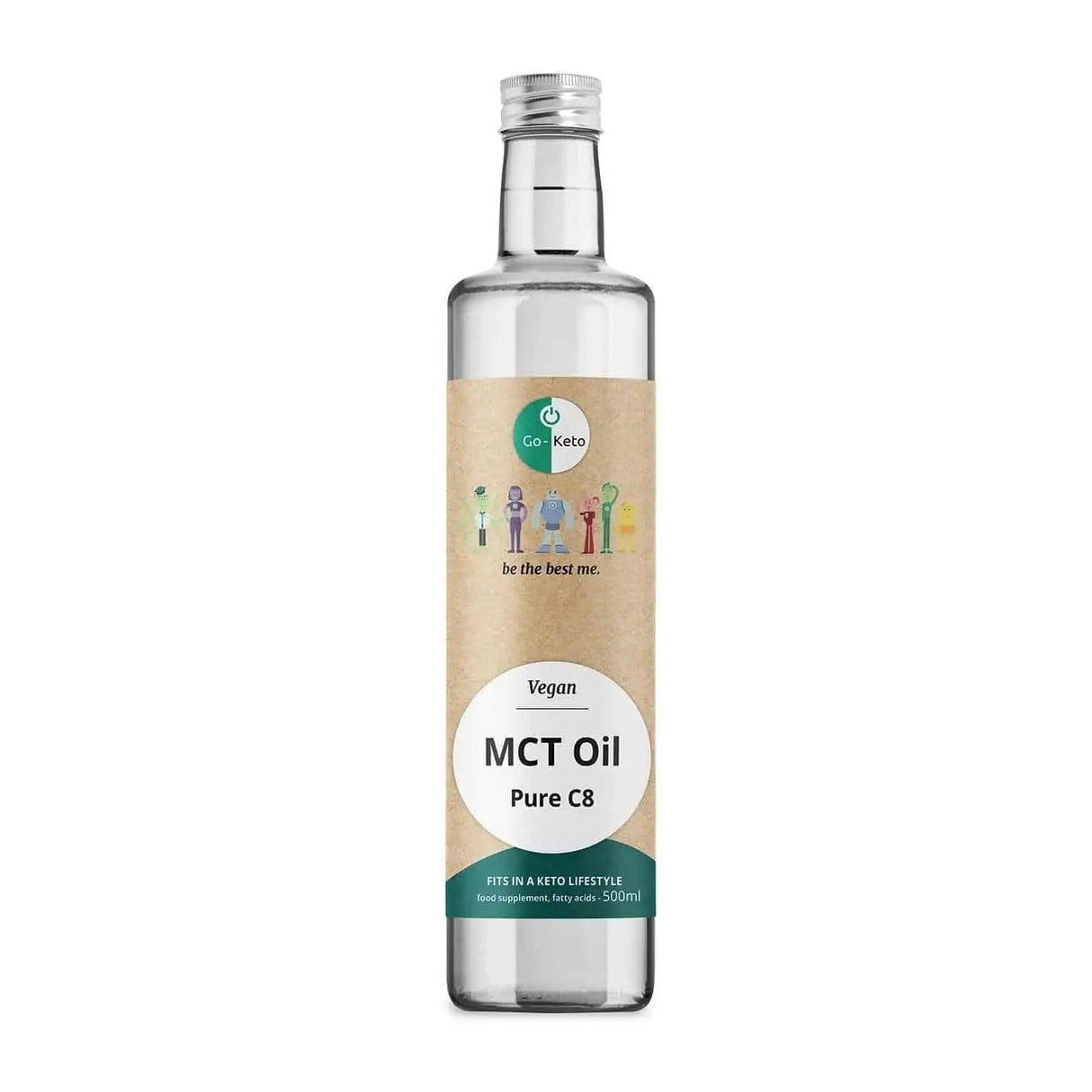 GoKeto Bio MCT olje i glassflaske, 500 ml, med papiretikett, tydelig merket som vegan.