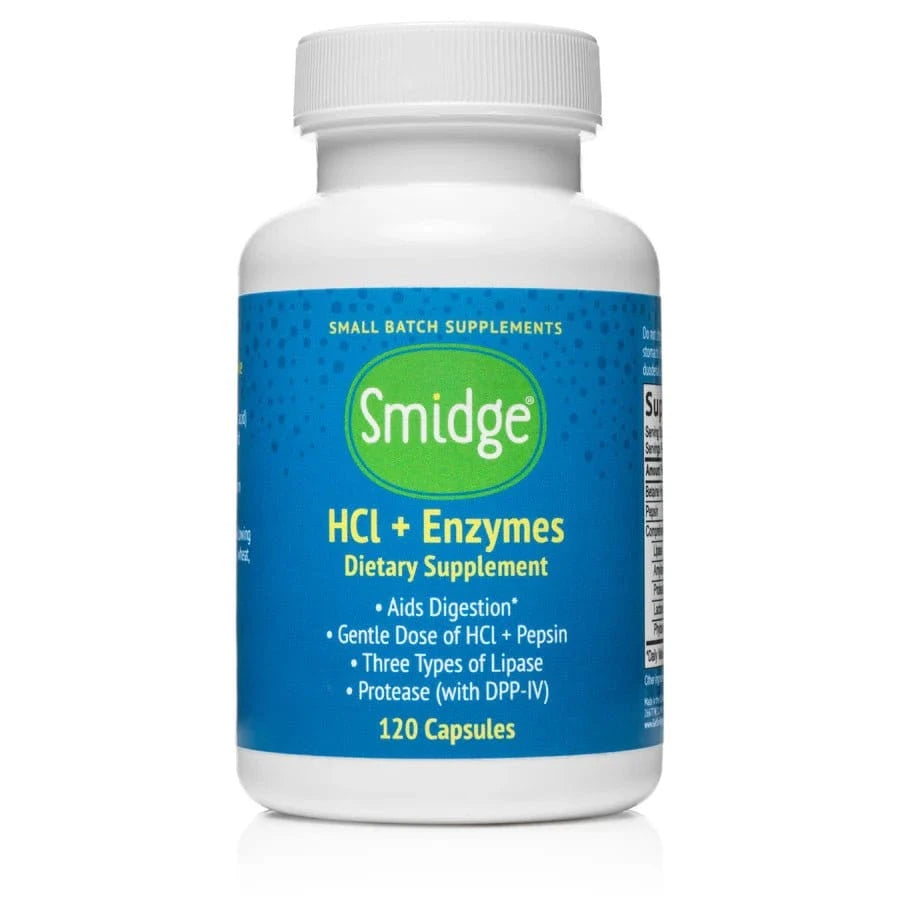 Smidge HCl + Enzymes med 120 kapsler, fordøyelsestilskudd med betain HCl, pepsin og enzymblanding