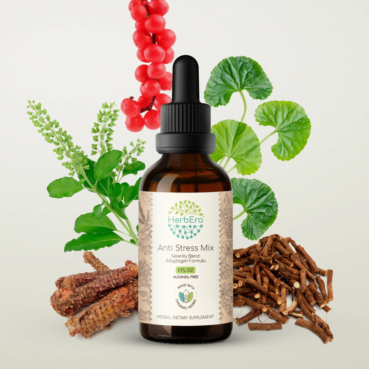 HerbEra Anti Stress Mix Tincture alkoholfri urtetinktur med flytende botaniske ekstrakter i flaske