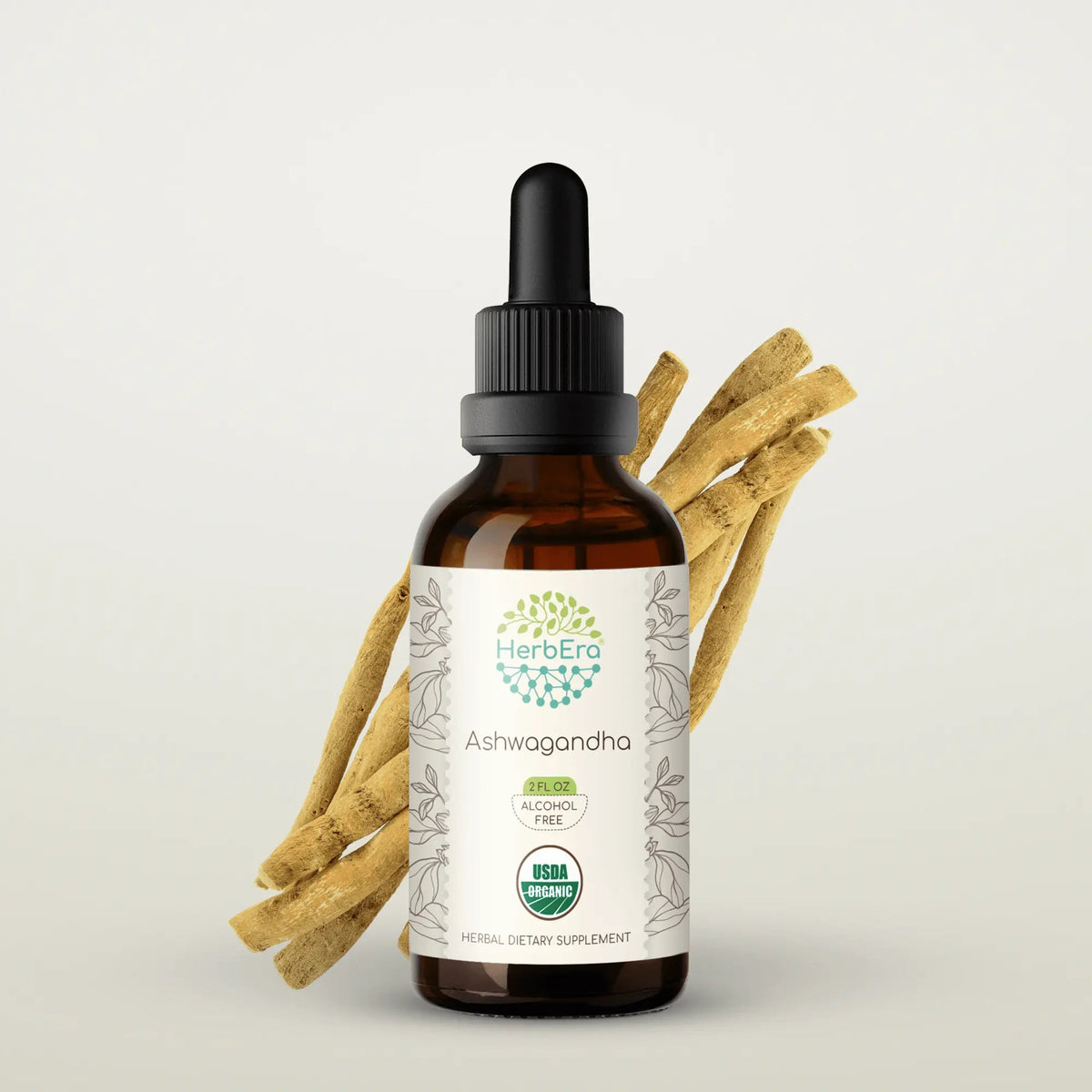 HerbEra Ashwagandha Tincture flaske med flytende urteekstrakt i dråpeformat med ashwagandha og Withania somnifera