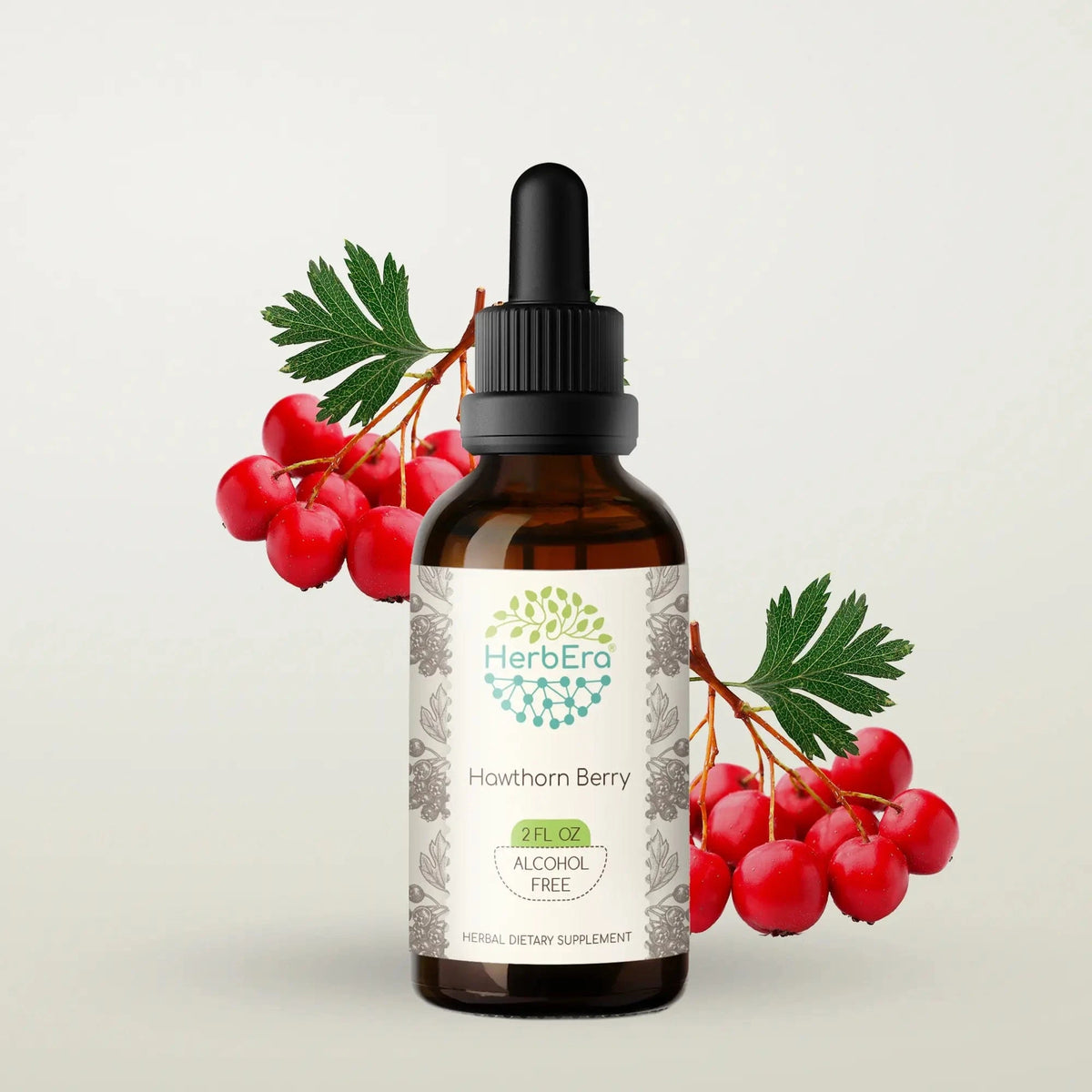 HerbEra Hawthorn Berry Tincture 59 ml i mørk glassflaske med dråpeteller, økologisk hagtorn ekstrakt
