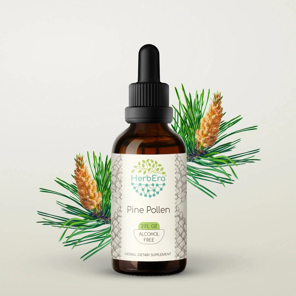 HerbEra Pine Pollen Tincture 59 ml flaske med flytende furupollen ekstrakt i dråpeformat
