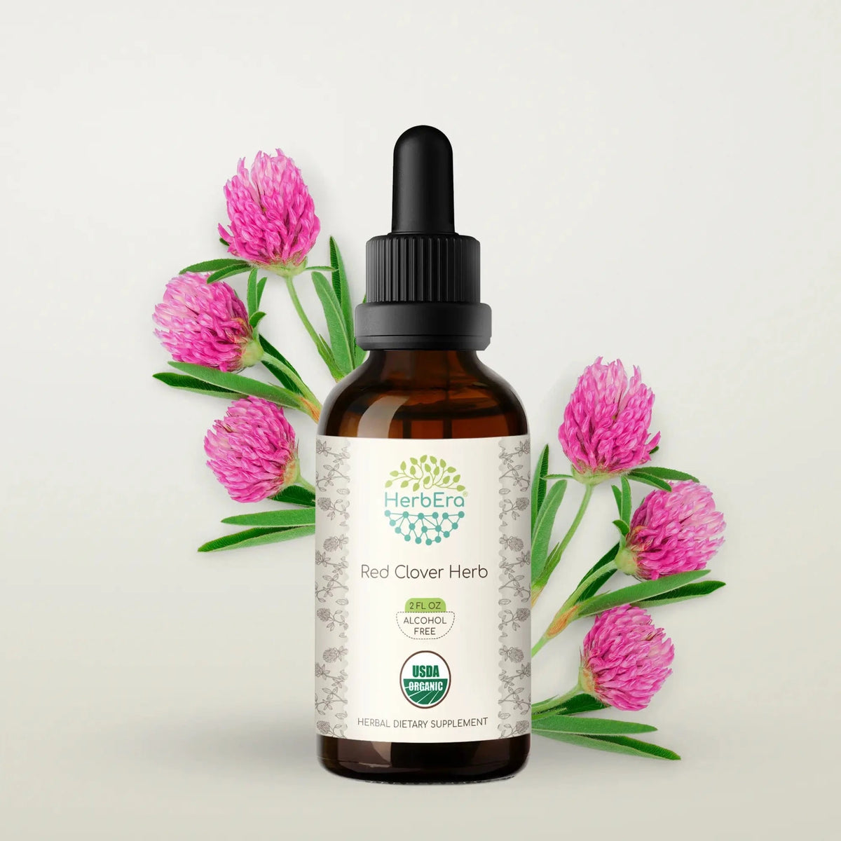 HerbEra Red Clover Herb Tincture i dråpeflaske, flytende rødkløverekstrakt 1:3, Non-GMO og sikkerhetsforseglet